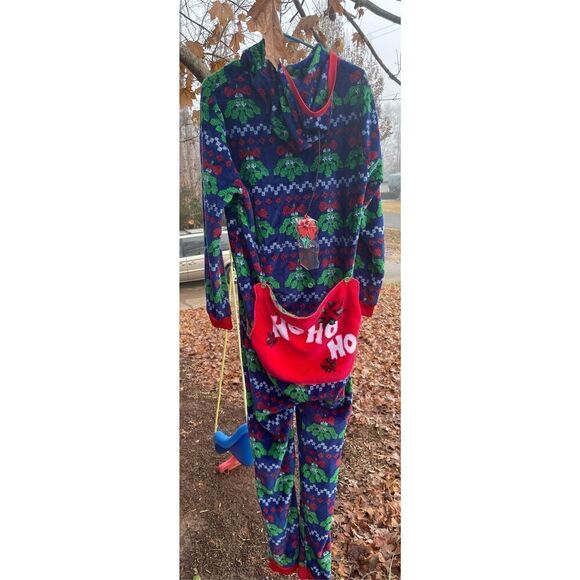 Christmas Blue Kiss Me Mistletoe Hohoho Union Suit Sleeper Adult Small - Picture 4 of 8